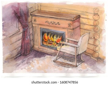 Watercolor Sketch Of A Burning Fireplace And Chair