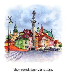 Watercolor sketch of Castle Square in Warsaw Old town, Poland.