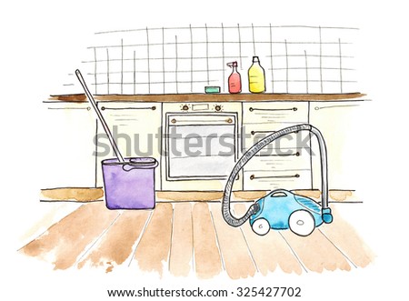 Watercolor Sketch cleaning housework accessories and kitchen art