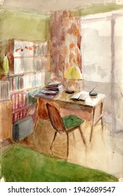 Watercolor Sketch Drawing Of The Small Soviet Apartment Interior. Living Room, Cabinet With Old Vintage Turntable, Bookshelves, Writing Desk With Table Lamp, Green Carpet On The Floor