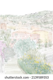 Watercolor Sketch Drawing Of The South French City With Plenty Of Plants And Colorful Buildings 