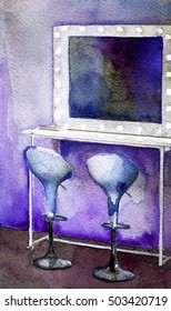 Watercolor Sketch Of Dressing Room Mirror Interior