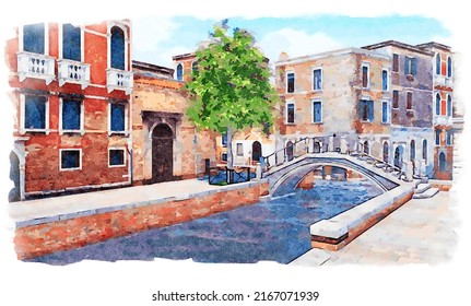 Watercolor sketch empty street in Venice  Italy and ancient buildings   old stone bridge over narrow water canal  With no people romantic cityscape    digital painting from my own 3D rendering 