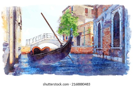 Watercolor Sketch Of Empty Traditional Venetian Gondola On Water Canal In Venice With Ancient Building And Stone Bridge On Background. With No People Cityscape - Digital Painting From My 3D Rendering.