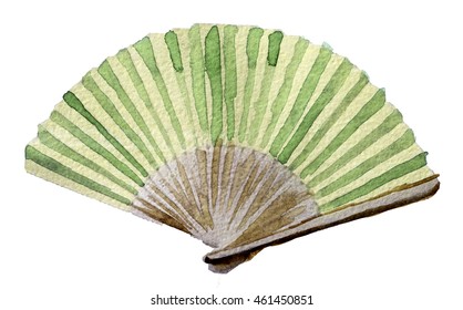 Watercolor Sketch Of Hand Fan On White Background