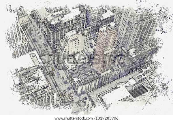 Watercolor sketch or illustration of\
a beautiful aerial view of the street in New York in\
America.