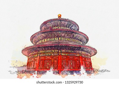 Watercolor Sketch Or Illustration Of The Beautiful View Of The Building Of The Temple Of Heaven In Beijing In China.