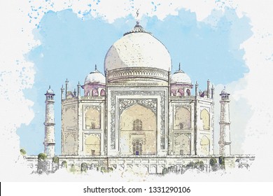 Watercolor sketch or illustration of the beautiful view of the Taj Mahal in India. Ilustración de stock