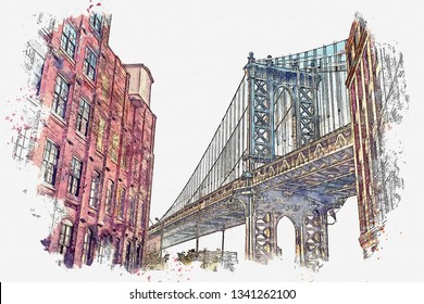 Watercolor Sketch Or Illustration Of A Beautiful View Of The Brooklyn Bridge And Other Buildings In NYC In The USA.