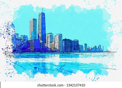 Watercolor Sketch Illustration Beautiful View Chicago Stock ...