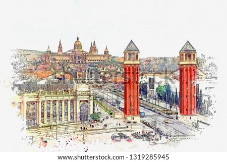 Watercolor sketch or illustration of a beautiful view of the architecture of Barcelona in Spain, including the National Museum of Art of Catalonia.
