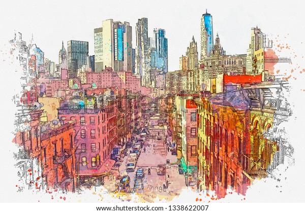 Watercolor sketch or illustration of a beautiful
view of the street in Chinatown in New York in the USA. Everyday
city life.