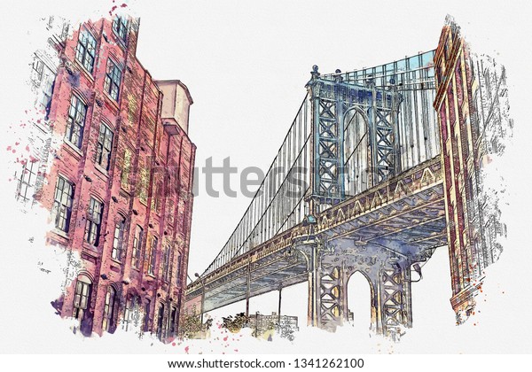 Watercolor Sketch Illustration Beautiful View Brooklyn Stock ...