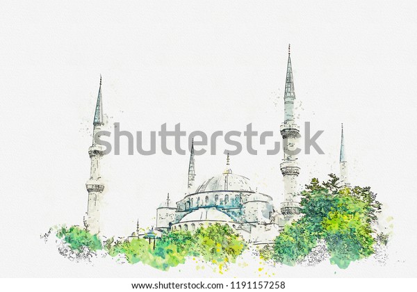 Watercolor Sketch Illustration Famous Blue Mosque Stock Illustration ...