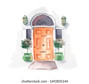 Watercolor Sketch Illustration Of Orange Door