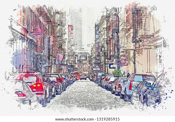Watercolor sketch or illustration of a\
street in New York with houses and parked\
cars.