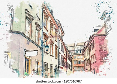 A watercolor sketch or illustration of a traditional street with apartment buildings in Warsaw, Poland.