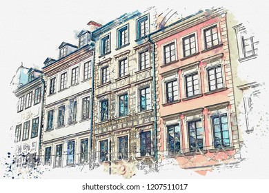 A watercolor sketch or illustration of a traditional street with apartment buildings in Warsaw, Poland.