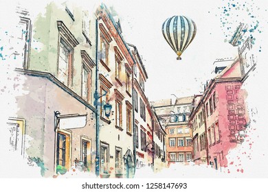 A watercolor sketch or illustration of a traditional street with apartment buildings in Warsaw, Poland. Hot air balloon flies in the sky.
