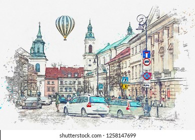 A watercolor sketch or illustration of a traditional street with apartment buildings in Warsaw, Poland. Cars go on the road. Hot air balloon flies in the sky.