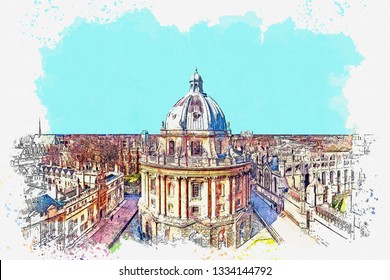 Watercolor sketch or illustration of a view of Radcliffe Camera at Oxford University in England.