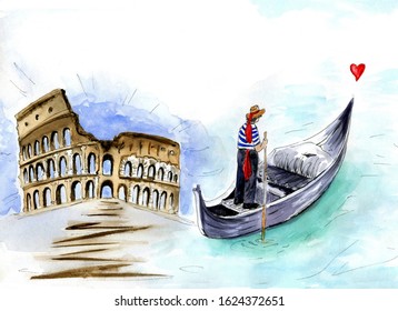 Watercolor watercolor sketch Italy and gondolier   Colosseum