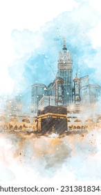 Watercolor sketch of kaaba masjidil haram in mecca, saudi arabia