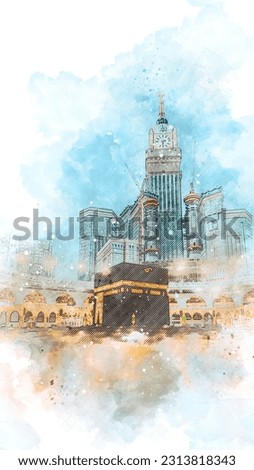 Watercolor sketch of kaaba masjidil haram in mecca, saudi arabia