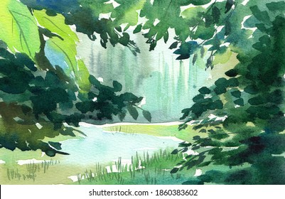 Watercolor sketch of a landscape lake through the branches of trees. Green foliage, willow, light green grass. Background for various invitations, cards and other tasks. 