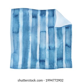 Watercolor Sketch Of Large Unfolded Blanket With Blue Stripes Pattern. One Single Object, View Above. Handdrawn Watercolour Graphic Illustration On White Background, Cutout Clipart Element For Design.