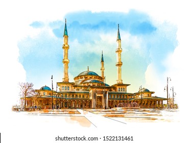 Watercolor Sketch Of Mosque In Turkey