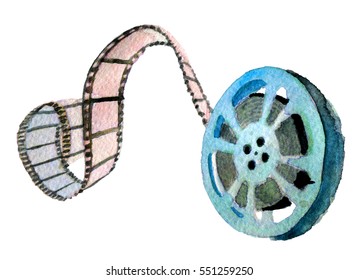 Watercolor Sketch Of Movie Reel On White Background