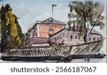  Watercolor sketch of old houses in Sergiev Posad, Russia. In the background is visible red old building-the former Church of the Nativity, rebuilt during the Soviet era   