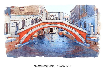 Watercolor sketch old stone bridge over narrow water canal in Venice and ancient buildings   venetian gondolas background  With no people cityscape    digital painting from my 3D rendering 