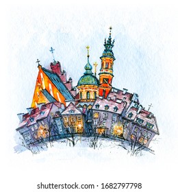Watercolor sketch of Old Town in winter day, Warsaw, Poland