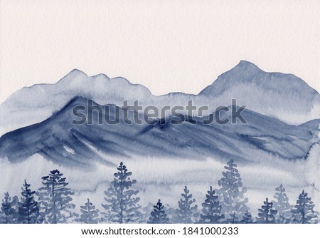 Watercolor sketch painting with asian mountains & forest. Hand drawn oriental style landscape with layers of rocks & fir trees. Concept for decoration, relaxation, restore, meditation background.