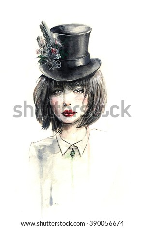 Watercolor sketch painting of a girl in hat. Vintage portrait on white background