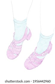 Watercolor Sketch Painting Of The Pink Jellies Shoes