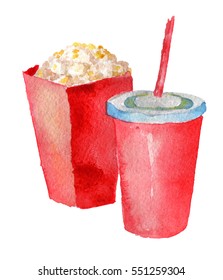 Watercolor Sketch Of Paper Cups With Drink And Popcorn On White Background