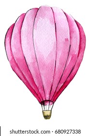 Watercolor Sketch Of Pink Hot Air Ballon Isolated On White Background