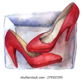 Watercolor Sketch: Red Shoes In A Box