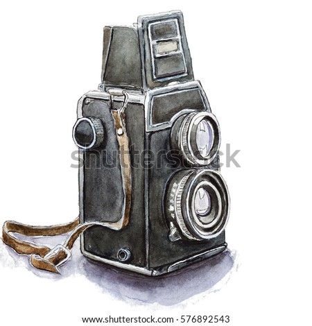Watercolor sketch of retro camera, isolated on white.