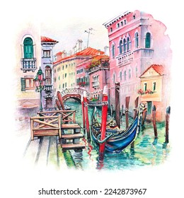 Watercolor sketch of Santi Giovanni e Paolo canal and Gondolas at their moorings, Venice, Italy