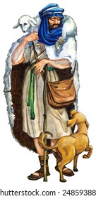 Watercolor sketch of series "Characters of Palestine". Jewry historic bible figure  isolated on white background. Dressed in robe, cape, turban and boots herdsman with bag, stick and goat on shoulders