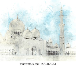 Watercolor sketch of the Sheikh zayed grand mosque, Abu Dhabi, United Arab Emirates