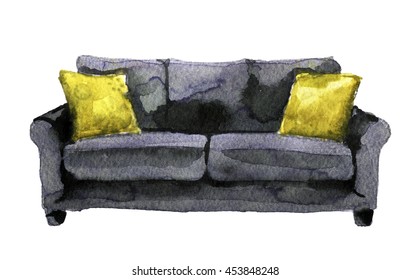 Watercolor Sketch Of Sofa On A White Background