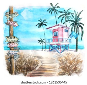 Watercolor Sketch Summer Beach Sea Landscape Colorful Illustration With Pink House And Palms