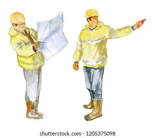 Watercolor Sketch. Two Construction Workers On White Background