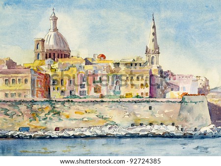 a watercolor sketch of Valletta, Malta