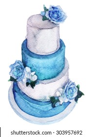 Watercolor Sketch: A Wedding Cake On A White Background